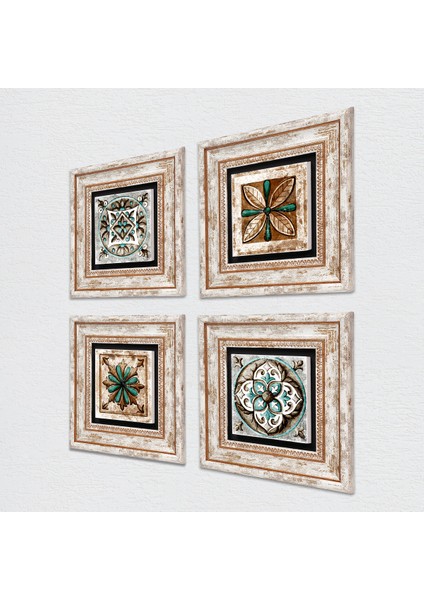 Fas Desenli Vintage, Çini Sanatı Taş Duvar Tablosu Çerçeveli Duvar Dekoru 4 Parça Tablo Seti Wall Art T4-118