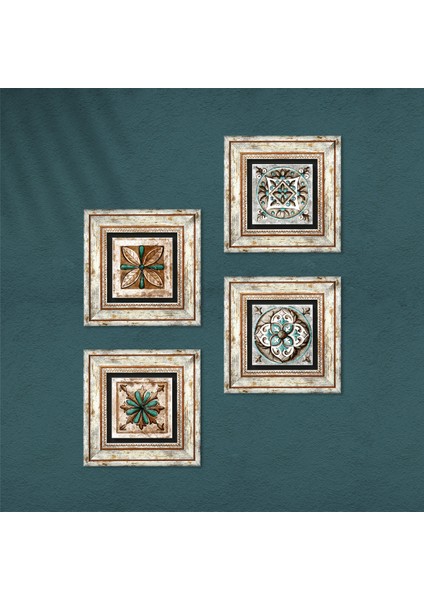 Fas Desenli Vintage, Çini Sanatı Taş Duvar Tablosu Çerçeveli Duvar Dekoru 4 Parça Tablo Seti Wall Art T4-118