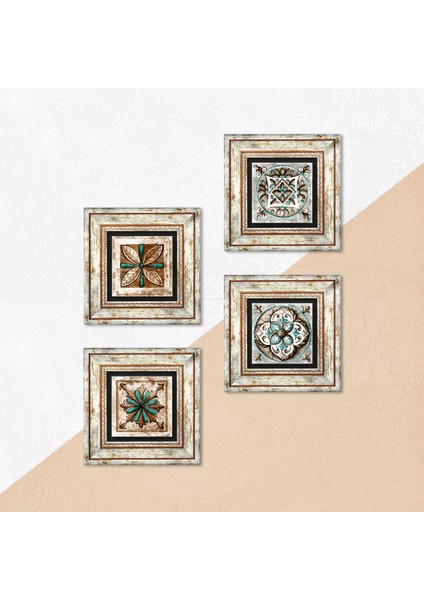 Fas Desenli Vintage, Çini Sanatı Taş Duvar Tablosu Çerçeveli Duvar Dekoru 4 Parça Tablo Seti Wall Art T4-118