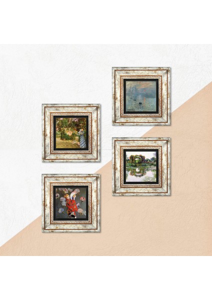 Monet Japon Kostümü, Bahçede, Gül Çiçekli Kemer, Gün Doğumu Çerçeveli Taş Duvar Tablosu 4’lü Set - Dekoratif Modern Sanat, Ev ve Ofis Dekoru |TK4-1180| indirimleri