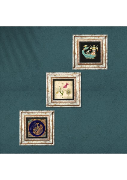Tavus Kuşu, Lale Ebru Sanatı, Şahmeran Taş Duvar Tablosu Çerçeveli Duvar Dekoru 3 Parça Tablo Seti Wall Art T3-657