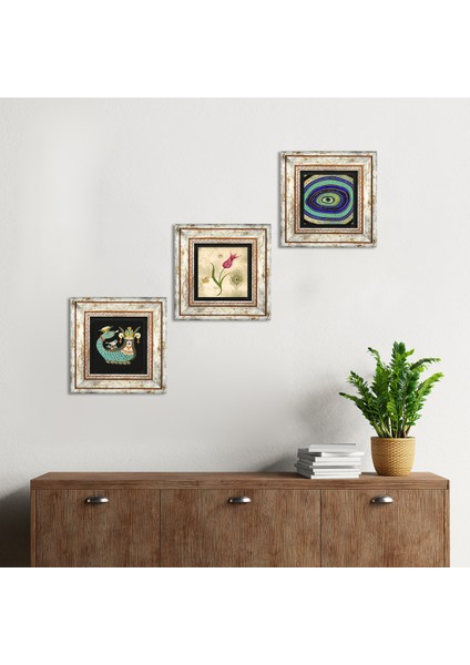 Nazar, Lale Ebru Sanatı, Şahmeran Taş Duvar Tablosu Çerçeveli Duvar Dekoru 3 Parça Tablo Seti Wall Art T3-664