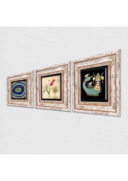 Nazar, Lale Ebru Sanatı, Şahmeran Taş Duvar Tablosu Çerçeveli Duvar Dekoru 3 Parça Tablo Seti Wall Art T3-664
