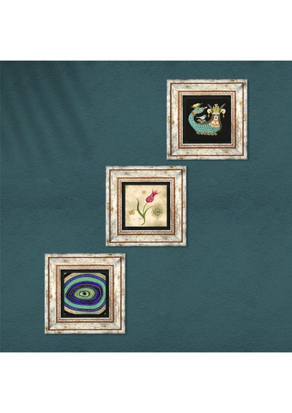 Nazar, Lale Ebru Sanatı, Şahmeran Taş Duvar Tablosu Çerçeveli Duvar Dekoru 3 Parça Tablo Seti Wall Art T3-664