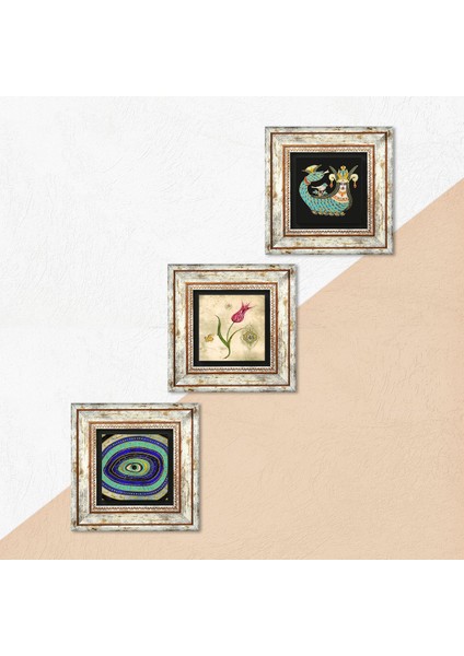 Nazar, Lale Ebru Sanatı, Şahmeran Taş Duvar Tablosu Çerçeveli Duvar Dekoru 3 Parça Tablo Seti Wall Art T3-664