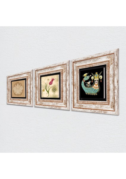 Lotus Çiçeği, Lale Ebru Sanatı, Şahmeran Taş Duvar Tablosu Çerçeveli Duvar Dekoru 3 Parça Tablo Seti Wall Art T3-669