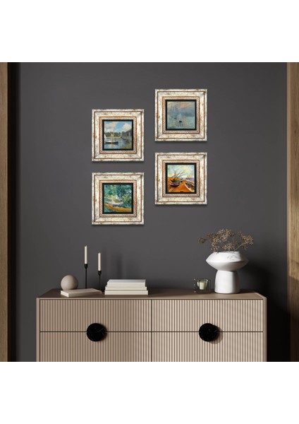 Stone Van Gogh, Claude Monet Çerçeveli Taş Duvar Tablosu 4’lü Set - Dekoratif Modern Sanat, Ev ve Ofis Dekoru |TK4-1182|