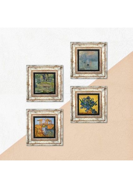Stone Van Gogh, Claude Monet Çerçeveli Taş Duvar Tablosu 4’lü Set - Dekoratif Modern Sanat, Ev ve Ofis Dekoru |TK4-1187| indirimleri