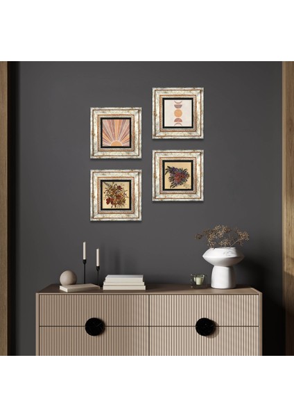 Minimalist Soyut, Vintage Çiçek Taş Duvar Tablosu Çerçeveli Duvar Dekoru 4 Parça Tablo Seti Wall Art T4-1191