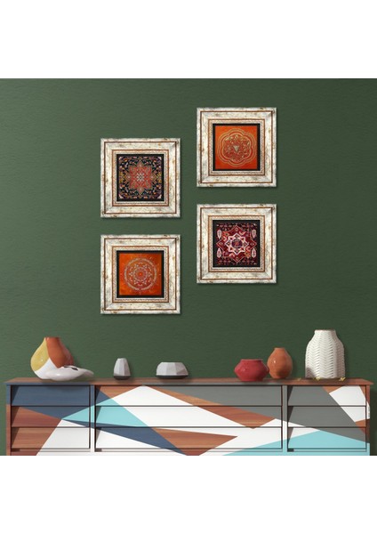 Stone Sri Yantra, Mandala, Desen Çerçeveli Taş Duvar Tablosu 4’lü Set - Dekoratif Modern Sanat, Ev ve Ofis Dekoru |TK4-1358|