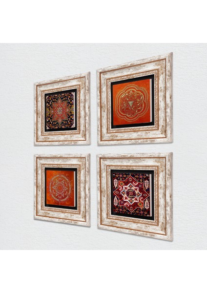 Stone Sri Yantra, Mandala, Desen Çerçeveli Taş Duvar Tablosu 4’lü Set - Dekoratif Modern Sanat, Ev ve Ofis Dekoru |TK4-1358| fiyatları