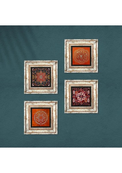 Stone Sri Yantra, Mandala, Desen Çerçeveli Taş Duvar Tablosu 4’lü Set - Dekoratif Modern Sanat, Ev ve Ofis Dekoru |TK4-1358| fırsatları