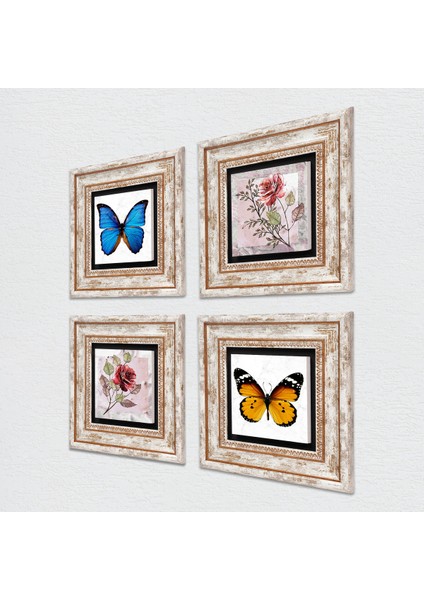 Gül Çiçek, Kelebek Taş Duvar Tablosu Çerçeveli Duvar Dekoru 4 Parça Tablo Seti Wall Art T4-1374