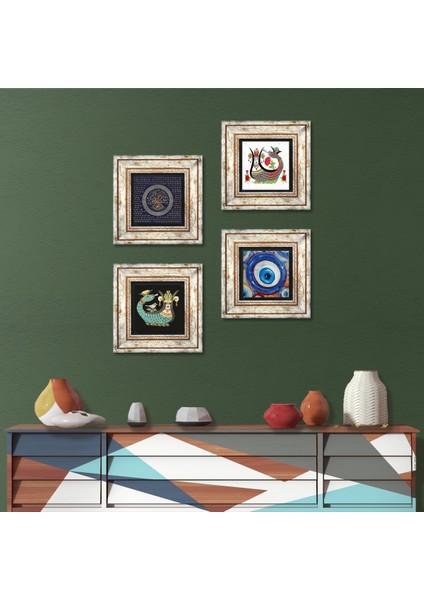 Stone Nazar, Şahmeran Çerçeveli Taş Duvar Tablosu 4’lü Set - Dekoratif Modern Sanat, Ev ve Ofis Dekoru |TK4-1533|