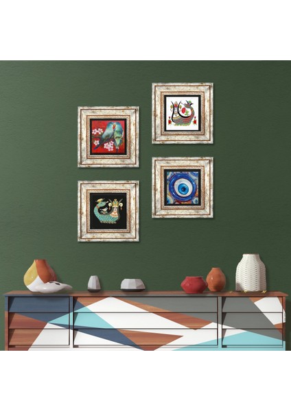 Stone Nazar, Kuş, Şahmeran Çerçeveli Taş Duvar Tablosu 4’lü Set - Dekoratif Modern Sanat, Ev ve Ofis Dekoru |TK4-1538|