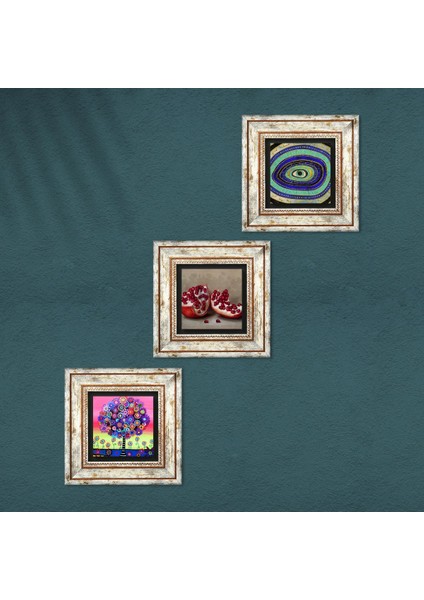 Nazar, Hayat Ağacı, Nar Taş Duvar Tablosu Çerçeveli Duvar Dekoru 3 Parça Tablo Seti Wall Art T3-1056 fırsatları