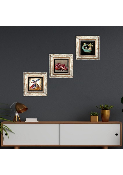Şahmeran, Semazen, Nar Taş Duvar Tablosu Çerçeveli Duvar Dekoru 3 Parça Tablo Seti Wall Art T3-847