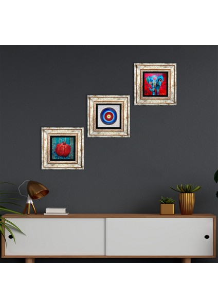 Nazar, Fil, Nar Taş Duvar Tablosu Çerçeveli Duvar Dekoru 3 Parça Tablo Seti Wall Art T3-85