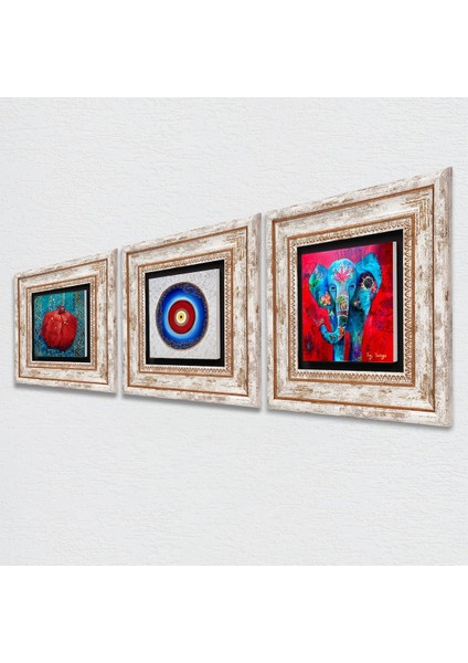 Nazar, Fil, Nar Taş Duvar Tablosu Çerçeveli Duvar Dekoru 3 Parça Tablo Seti Wall Art T3-85