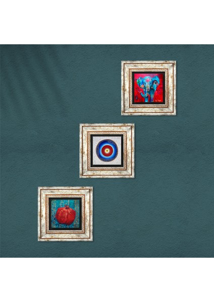 Nazar, Fil, Nar Taş Duvar Tablosu Çerçeveli Duvar Dekoru 3 Parça Tablo Seti Wall Art T3-85