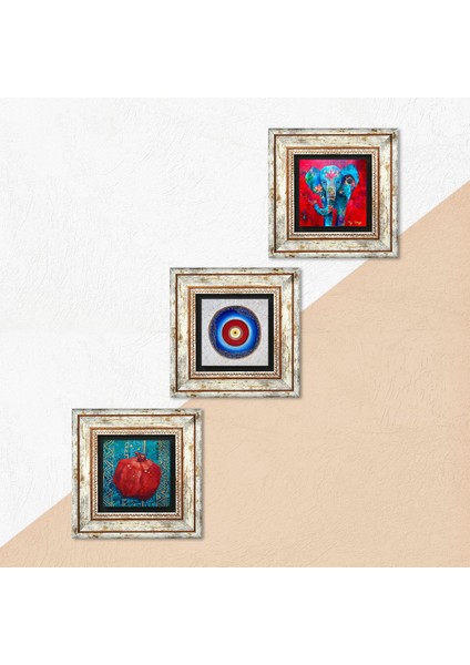 Nazar, Fil, Nar Taş Duvar Tablosu Çerçeveli Duvar Dekoru 3 Parça Tablo Seti Wall Art T3-85