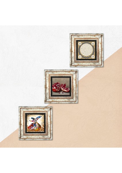 Hilye-i Şerif, Semazen, Nar Taş Duvar Tablosu Çerçeveli Duvar Dekoru 3 Parça Tablo Seti Wall Art T3-856