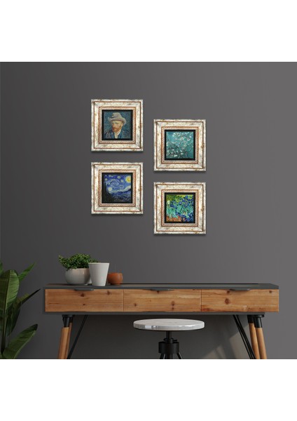 Van Gogh Yıldızlı Gece, Badem Ağacı, İrisler, Otoportre Çerçeveli Taş Duvar Tablosu 4’lü Set - Dekoratif Modern Sanat, Ev ve Ofis Dekoru |TK4-01|