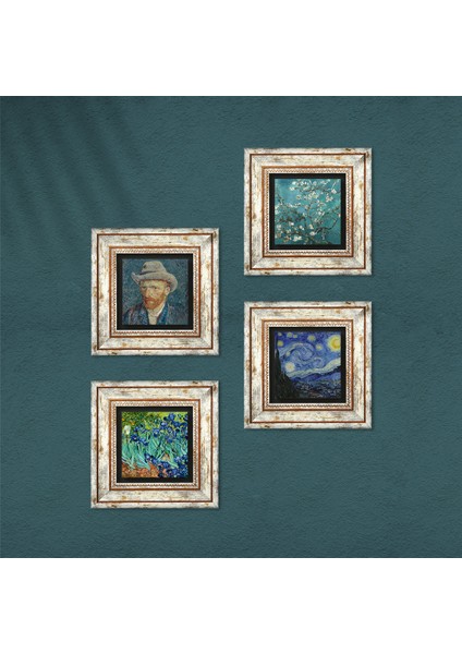 Van Gogh Yıldızlı Gece, Badem Ağacı, İrisler, Otoportre Çerçeveli Taş Duvar Tablosu 4’lü Set - Dekoratif Modern Sanat, Ev ve Ofis Dekoru |TK4-01| fırsatları