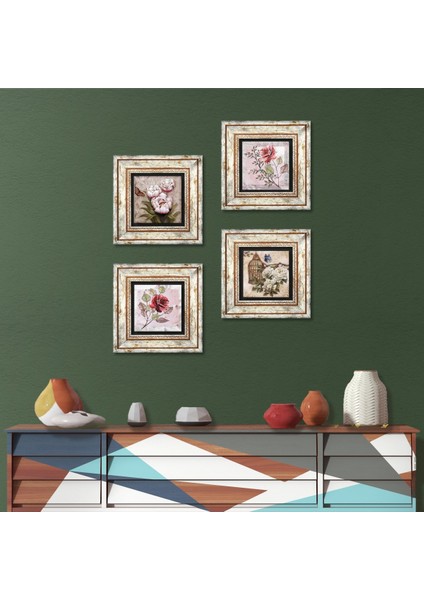 Gül, Kelebekli Çiçek Çerçeveli Taş Duvar Tablosu 4’lü Set - Dekoratif Modern Sanat, Ev ve Ofis Dekoru |TK4-1366|