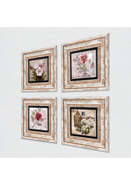 Gül, Kelebekli Çiçek Çerçeveli Taş Duvar Tablosu 4’lü Set - Dekoratif Modern Sanat, Ev ve Ofis Dekoru |TK4-1366| fiyatları