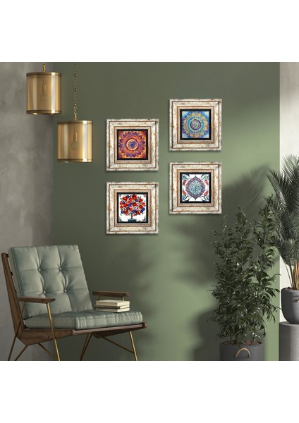 Mandala, Çini Sanatı, Nar Ağacı Çerçeveli Taş Duvar Tablosu 4’lü Set - Dekoratif Modern Sanat, Ev ve Ofis Dekoru |TK4-138|