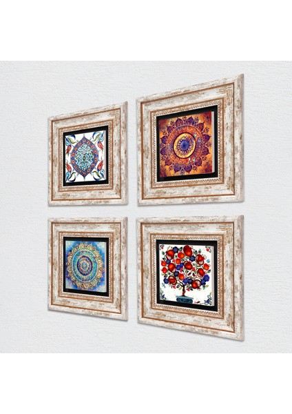 Mandala, Çini Sanatı, Nar Ağacı Çerçeveli Taş Duvar Tablosu 4’lü Set - Dekoratif Modern Sanat, Ev ve Ofis Dekoru |TK4-138| fiyatları