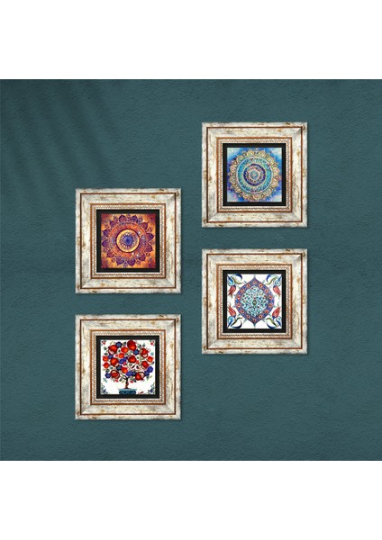 Mandala, Çini Sanatı, Nar Ağacı Çerçeveli Taş Duvar Tablosu 4’lü Set - Dekoratif Modern Sanat, Ev ve Ofis Dekoru |TK4-138| fırsatları