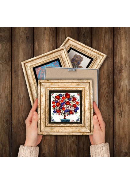 Mandala, Çini Sanatı, Nar Ağacı Çerçeveli Taş Duvar Tablosu 4’lü Set - Dekoratif Modern Sanat, Ev ve Ofis Dekoru |TK4-138| modelleri