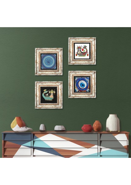 Stone Nazar, Şahmeran Çerçeveli Taş Duvar Tablosu 4’lü Set - Dekoratif Modern Sanat, Ev ve Ofis Dekoru |TK4-1534|