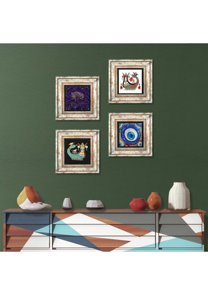 Nazar, Hayat Ağacı, Şahmeran Taş Duvar Tablosu Çerçeveli Duvar Dekoru 4 Parça Tablo Seti Wall Art T4-1540