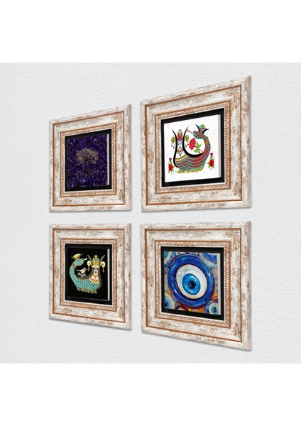Nazar, Hayat Ağacı, Şahmeran Taş Duvar Tablosu Çerçeveli Duvar Dekoru 4 Parça Tablo Seti Wall Art T4-1540