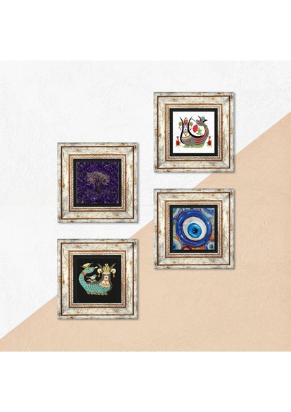 Nazar, Hayat Ağacı, Şahmeran Taş Duvar Tablosu Çerçeveli Duvar Dekoru 4 Parça Tablo Seti Wall Art T4-1540