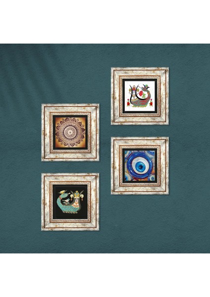 Nazar, Mandala, Şahmeran Taş Duvar Tablosu Çerçeveli Duvar Dekoru 4 Parça Tablo Seti Wall Art T4-1541