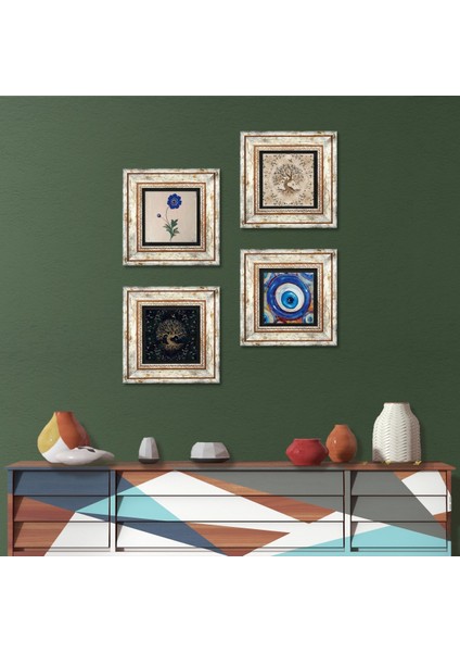 Nazar, Ebru Sanatı, Hayat Ağacı Taş Duvar Tablosu Çerçeveli Duvar Dekoru 4 Parça Tablo Seti Wall Art T4-1558