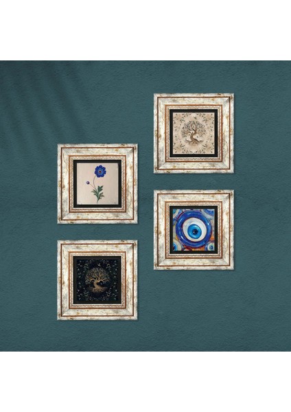 Nazar, Ebru Sanatı, Hayat Ağacı Taş Duvar Tablosu Çerçeveli Duvar Dekoru 4 Parça Tablo Seti Wall Art T4-1558 fırsatları