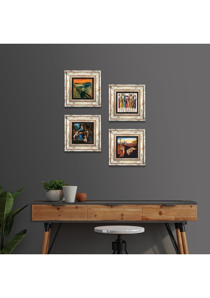 Stone Salvador Dalí, Leonardo da Vinci, Çığlık, Yerli Kadınlar Çerçeveli Taş Duvar Tablosu 4’lü Set - Dekoratif Modern Sanat, Ev ve Ofis Dekoru |TK4-1713|