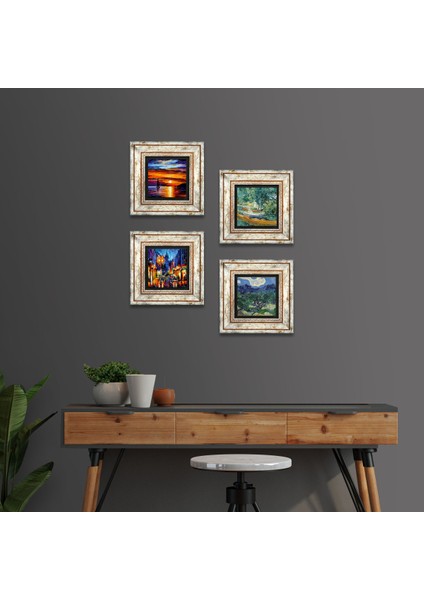 Stone Van Gogh, Deniz Manzarası, Sokak Manzarası Çerçeveli Taş Duvar Tablosu 4’lü Set - Dekoratif Modern Sanat, Ev ve Ofis Dekoru |TK4-1898|