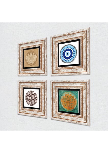 Stone Nazar, Lotus Çiçeği, Yaşam Çiçeği Çerçeveli Taş Duvar Tablosu 4’lü Set - Dekoratif Modern Sanat, Ev ve Ofis Dekoru |TK4-1001| fiyatları