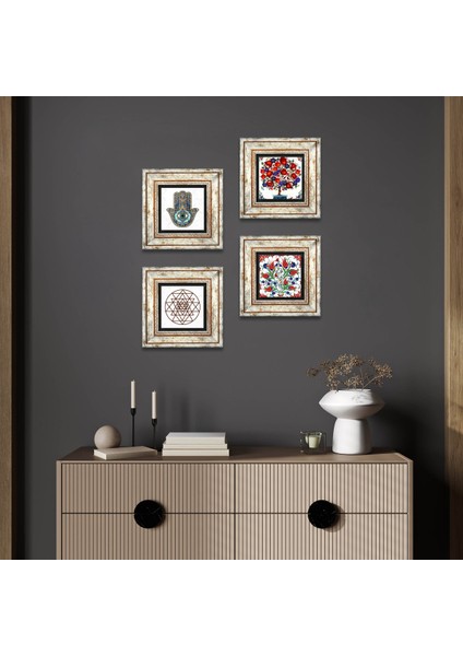Lale, Sri Yantra, Nar Ağacı, Fatma Ana Eli (Hamsa) Taş Duvar Tablosu Çerçeveli Duvar Dekoru 4 Parça Tablo Seti Wall Art T4-1015