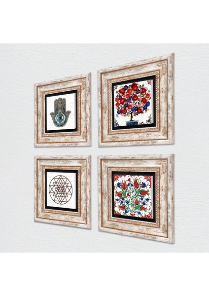 Lale, Sri Yantra, Nar Ağacı, Fatma Ana Eli (Hamsa) Taş Duvar Tablosu Çerçeveli Duvar Dekoru 4 Parça Tablo Seti Wall Art T4-1015 fiyatları