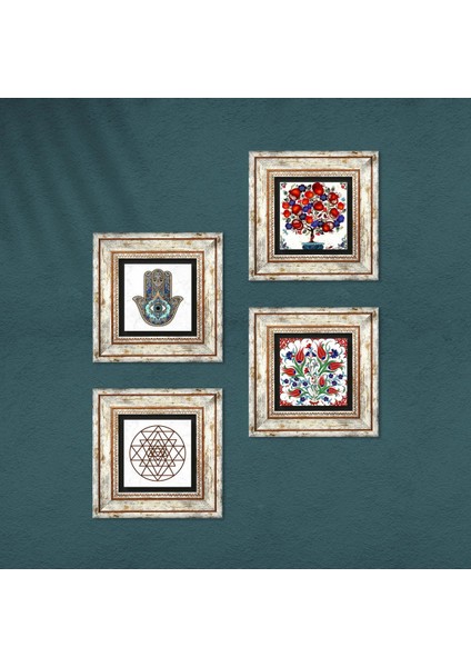 Lale, Sri Yantra, Nar Ağacı, Fatma Ana Eli (Hamsa) Taş Duvar Tablosu Çerçeveli Duvar Dekoru 4 Parça Tablo Seti Wall Art T4-1015 fırsatları