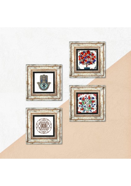 Lale, Sri Yantra, Nar Ağacı, Fatma Ana Eli (Hamsa) Taş Duvar Tablosu Çerçeveli Duvar Dekoru 4 Parça Tablo Seti Wall Art T4-1015 indirimleri