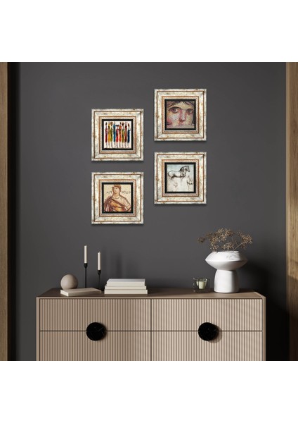 Yerli Kadınlar, Soteria, Çingene Kızı Mozaiği, Da Vinci At Heykeli Taş Duvar Tablosu Çerçeveli Duvar Dekoru 4 Parça Tablo Seti Wall Art T4-1176