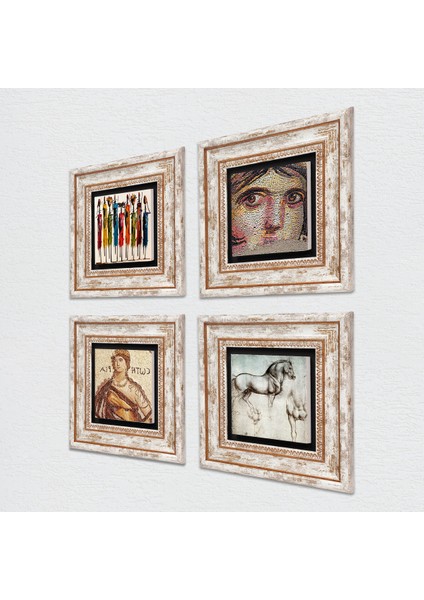 Yerli Kadınlar, Soteria, Çingene Kızı Mozaiği, Da Vinci At Heykeli Taş Duvar Tablosu Çerçeveli Duvar Dekoru 4 Parça Tablo Seti Wall Art T4-1176